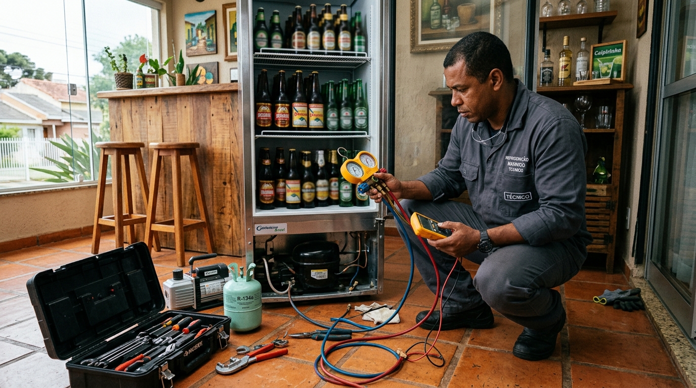 Profissional executando reparo no motor de cervejeira no Jardim do Sol, Indaiatuba‑SP