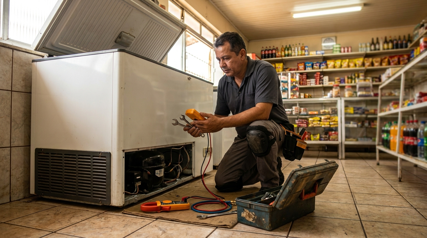 Profissional executando manutenção no motor de freezer no Centro, Indaiatuba‑SP