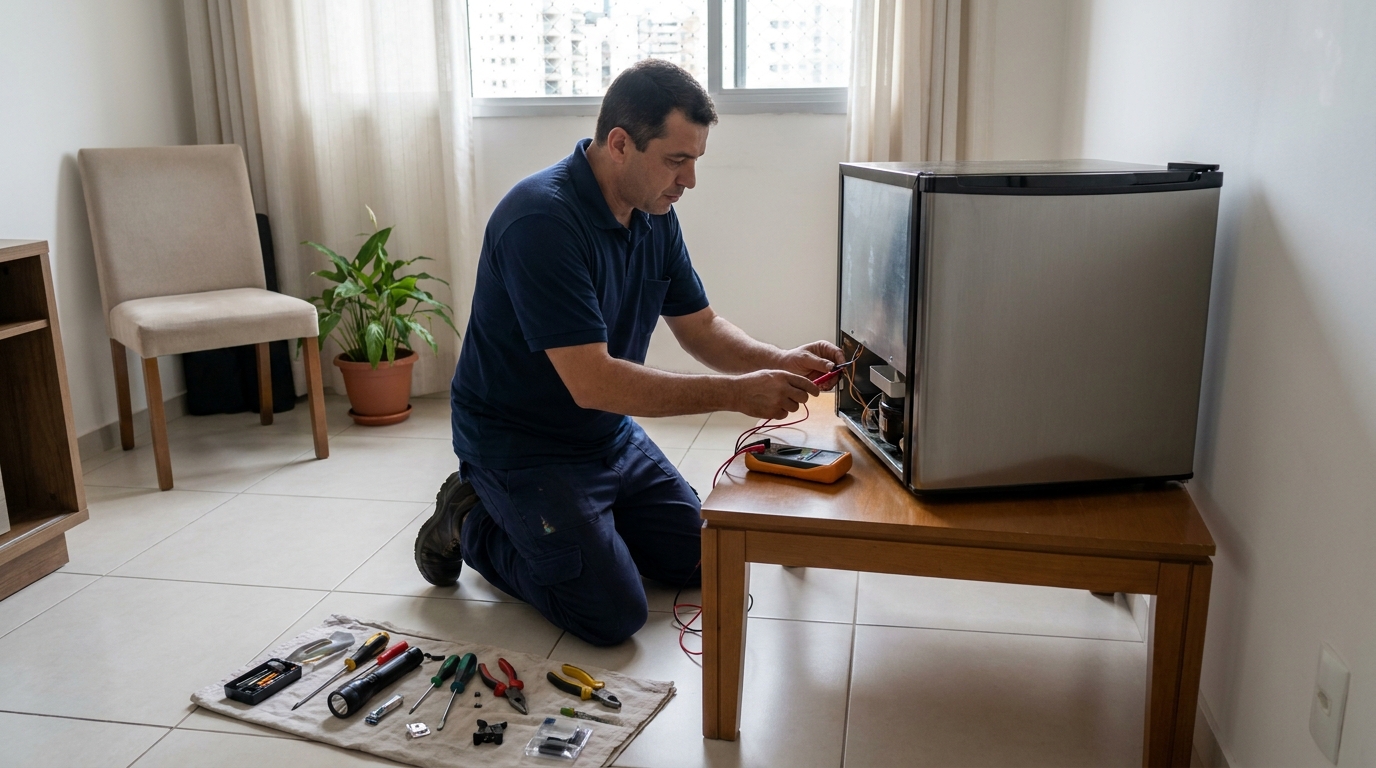 Técnico fazendo manutenção do motor de frigobar na Vila Almeida, Indaiatuba‑SP