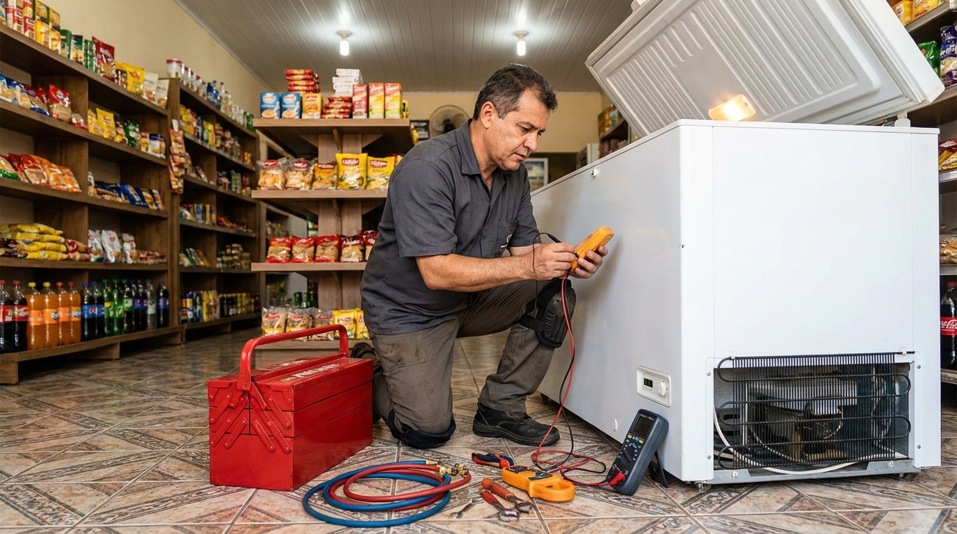 Recarga de gás refrigerante no freezer durante atendimento no Centro, Indaiatuba‑SP