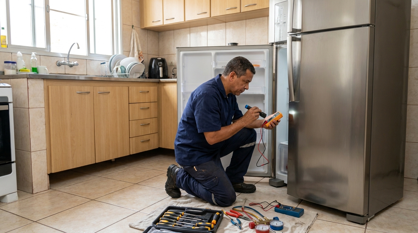Técnico aplicando recarga de gás refrigerante em geladeira no Jardim Primavera, Indaiatuba‑SP