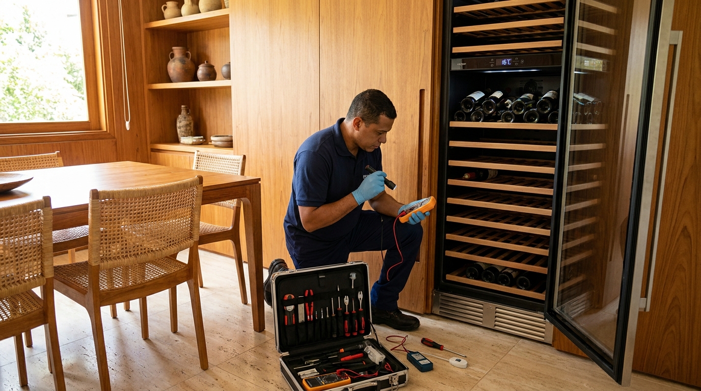Substituição de termostato em adega climatizada em visita técnica na Vila Mariana, Indaiatuba‑SP