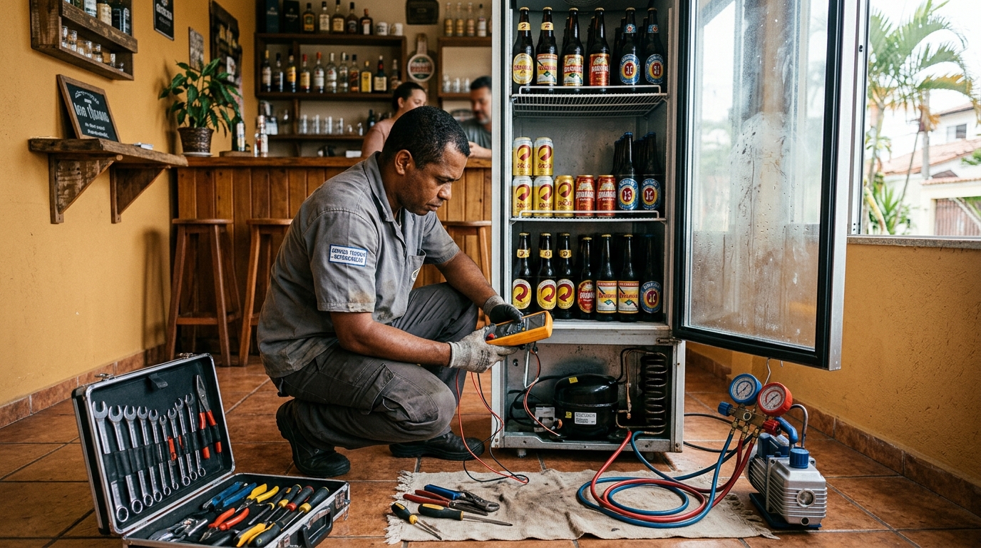 Substituição de termostato de cervejeira em serviço técnico no Jardim do Sol, Indaiatuba‑SP