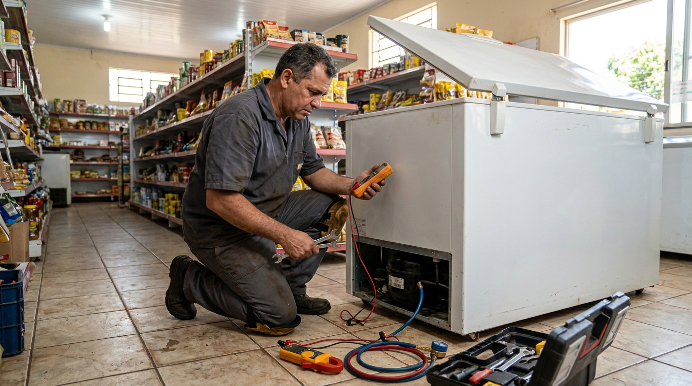 Substituição de termostato de freezer em visita técnica no Centro, Indaiatuba‑SP